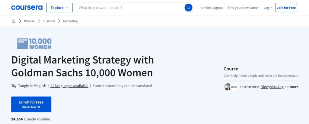 Digital Marketing Strategy with Goldman Sachs 10,000 Women, Coursera