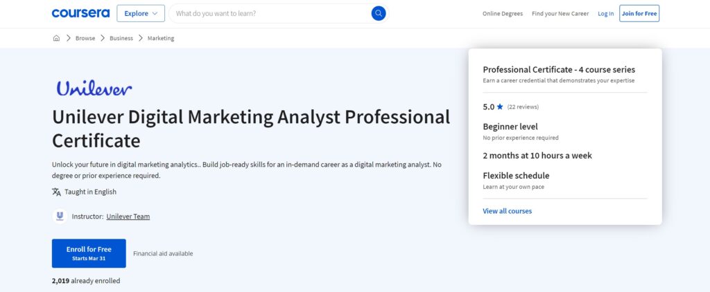 Unilever Digital Marketing Analyst Professional Certificate, Coursera